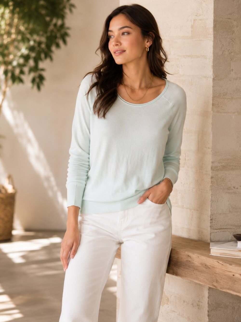 LOFT Merino Wool Blend Sweater Womens L Seafoam Green Scoop Neck 3/4 Sleeve